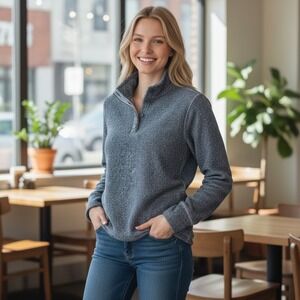 Eddie Bauer Womens Pullover Fleece Sweater Blue Textured Snap Neck XS